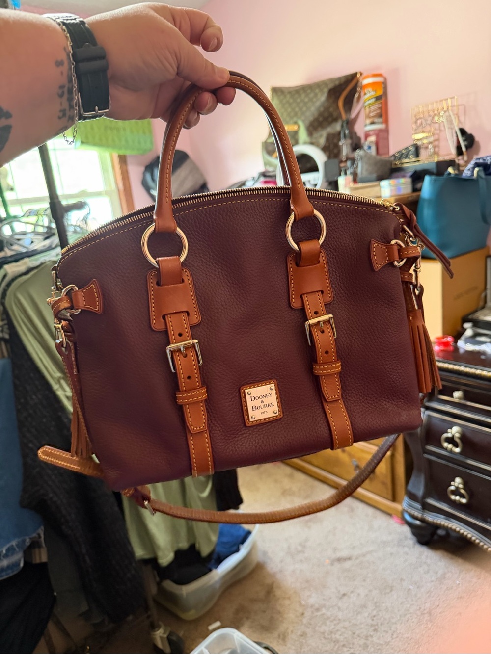 Dooney & Bourke Burgundy/Plum Bristol Satchel with Brown Trim and Gold Hardware